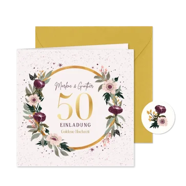 Einladung Goldene Hochzeit mit elegantem Blumenkranz